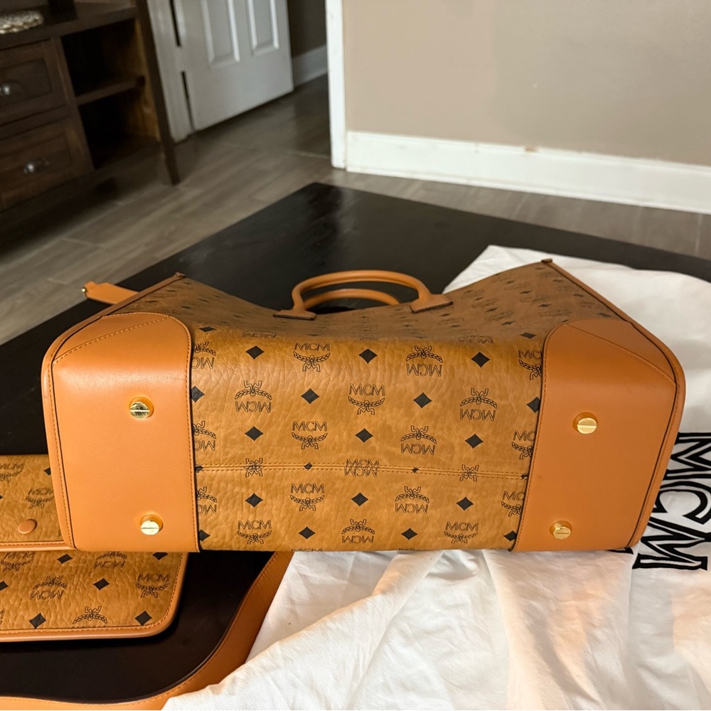 MCM Tan Visetos Tote with Logo Pattern
